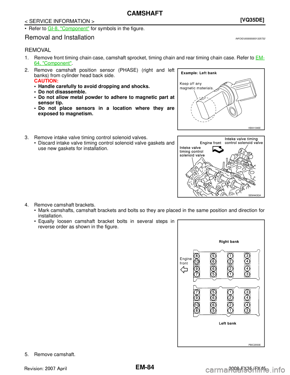 INFINITI FX35 2008  Service Manual 
EM-84
< SERVICE INFORMATION >[VQ35DE]
CAMSHAFT
 Refer to 
GI-8, "Component" for symbols in the figure.
Removal and InstallationINFOID:0000000001325732
REMOVAL
1. Remove front timing chain case, cams