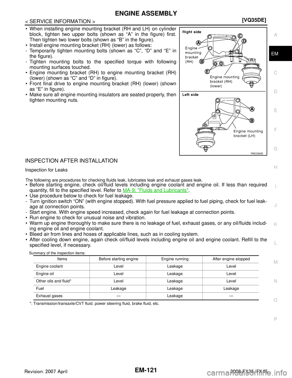 INFINITI FX35 2008  Service Manual 
ENGINE ASSEMBLYEM-121
< SERVICE INFORMATION > [VQ35DE]
C
D
E
F
G H
I
J
K L
M A
EM
NP
O
 When installing engine mounting bracket (RH and LH) on cylinder
block, tighten two upper bolts (shown as “A