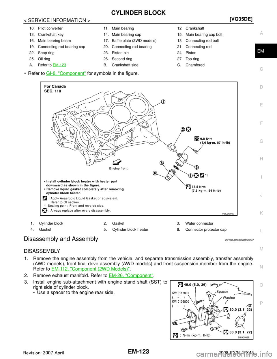 INFINITI FX35 2008  Service Manual 
CYLINDER BLOCKEM-123
< SERVICE INFORMATION > [VQ35DE]
C
D
E
F
G H
I
J
K L
M A
EM
NP
O
 Refer to 
GI-8, "Component" for symbols in the figure.
Disassembly and AssemblyINFOID:0000000001325747
DISASSEM