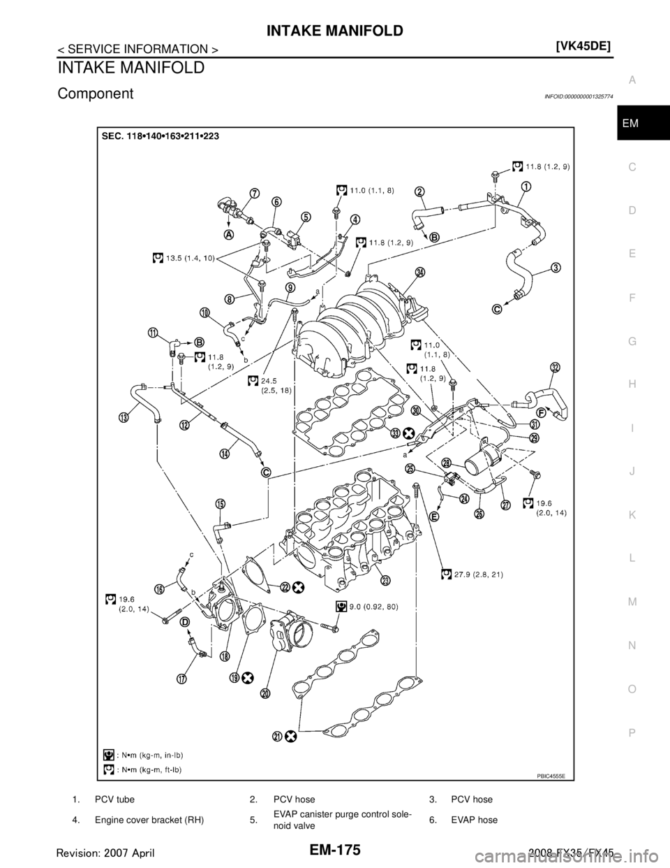 INFINITI FX35 2008  Service Manual 
INTAKE MANIFOLDEM-175
< SERVICE INFORMATION > [VK45DE]
C
D
E
F
G H
I
J
K L
M A
EM
NP
O
INTAKE MANIFOLD
ComponentINFOID:0000000001325774
1. PCV tube 2. PCV hose 3. PCV hose
4. Engine cover bracket (RH