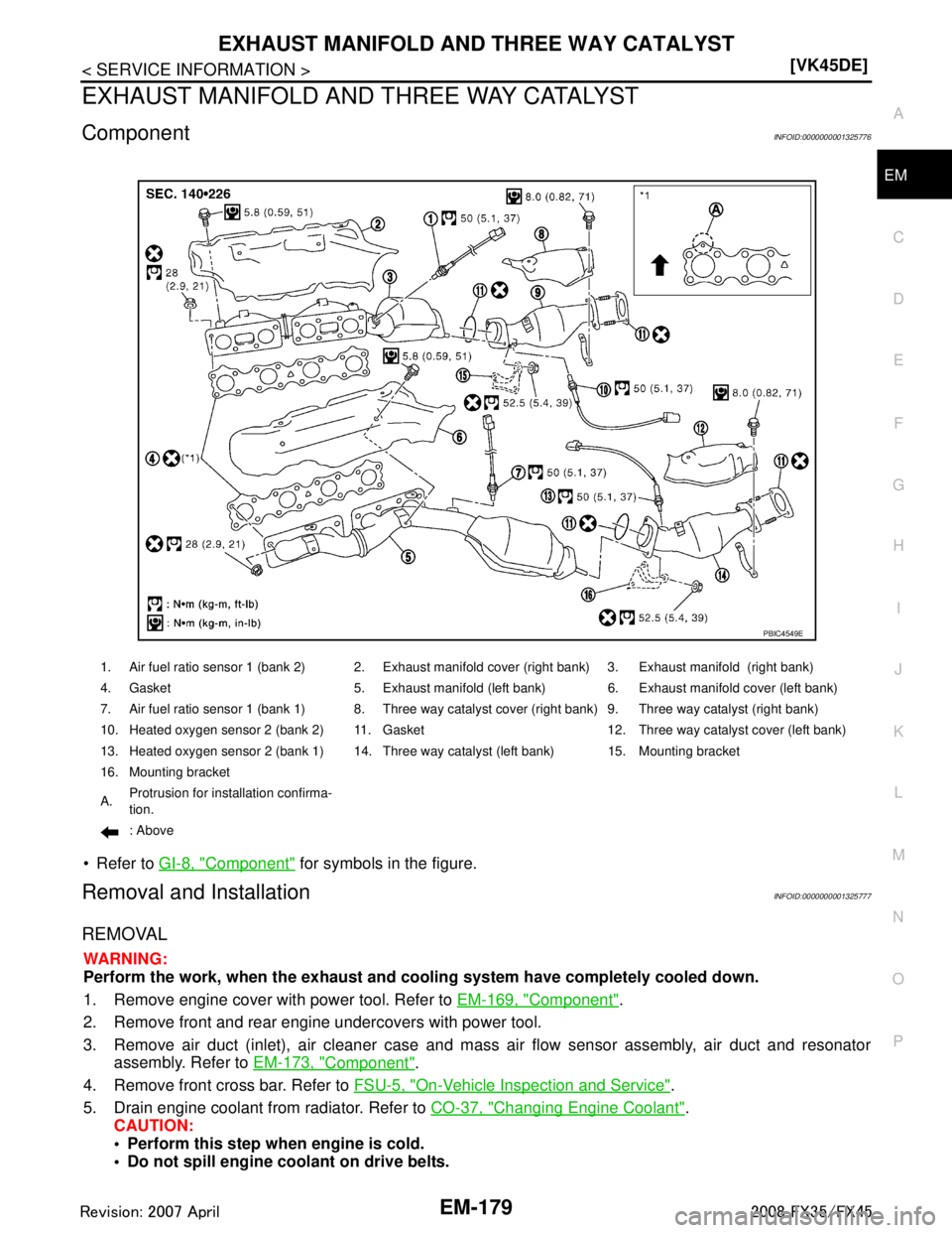 INFINITI FX35 2008  Service Manual 
EXHAUST MANIFOLD AND THREE WAY CATALYST
EM-179
< SERVICE INFORMATION > [VK45DE]
C
D
E
F
G H
I
J
K L
M A
EM
NP
O
EXHAUST MANIFOLD AND THREE WAY CATALYST
ComponentINFOID:0000000001325776
 Refer to 
GI