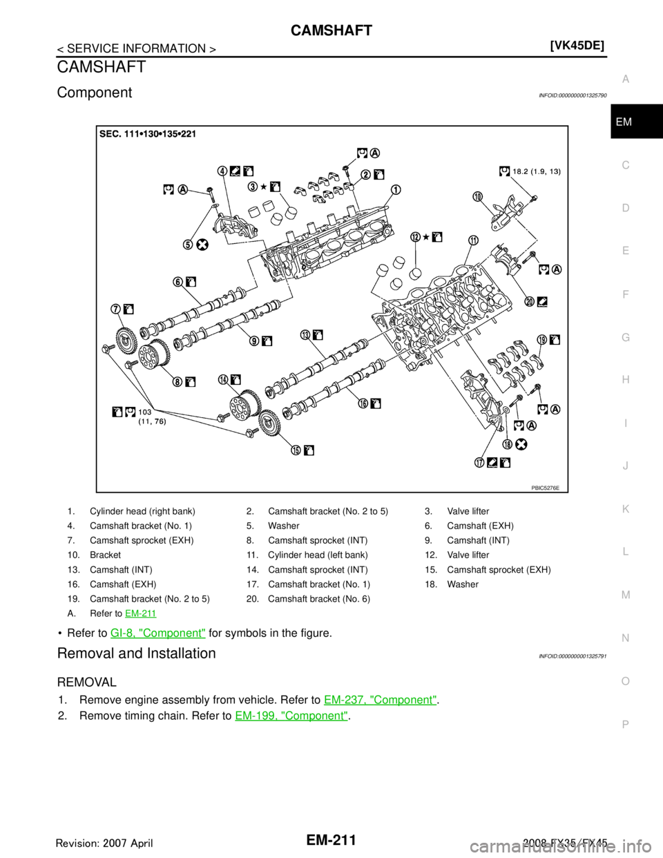 INFINITI FX35 2008  Service Manual 
CAMSHAFTEM-211
< SERVICE INFORMATION > [VK45DE]
C
D
E
F
G H
I
J
K L
M A
EM
NP
O
CAMSHAFT
ComponentINFOID:0000000001325790
 Refer to 
GI-8, "Component" for symbols in the figure.
Removal and Installa