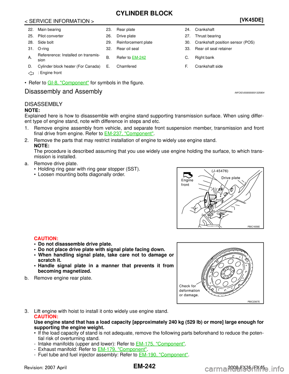 INFINITI FX35 2008  Service Manual 
EM-242
< SERVICE INFORMATION >[VK45DE]
CYLINDER BLOCK
 Refer to 
GI-8, "Component" for symbols in the figure.
Disassembly and AssemblyINFOID:0000000001325804
DISASSEMBLY
NOTE:
Explained here is how 