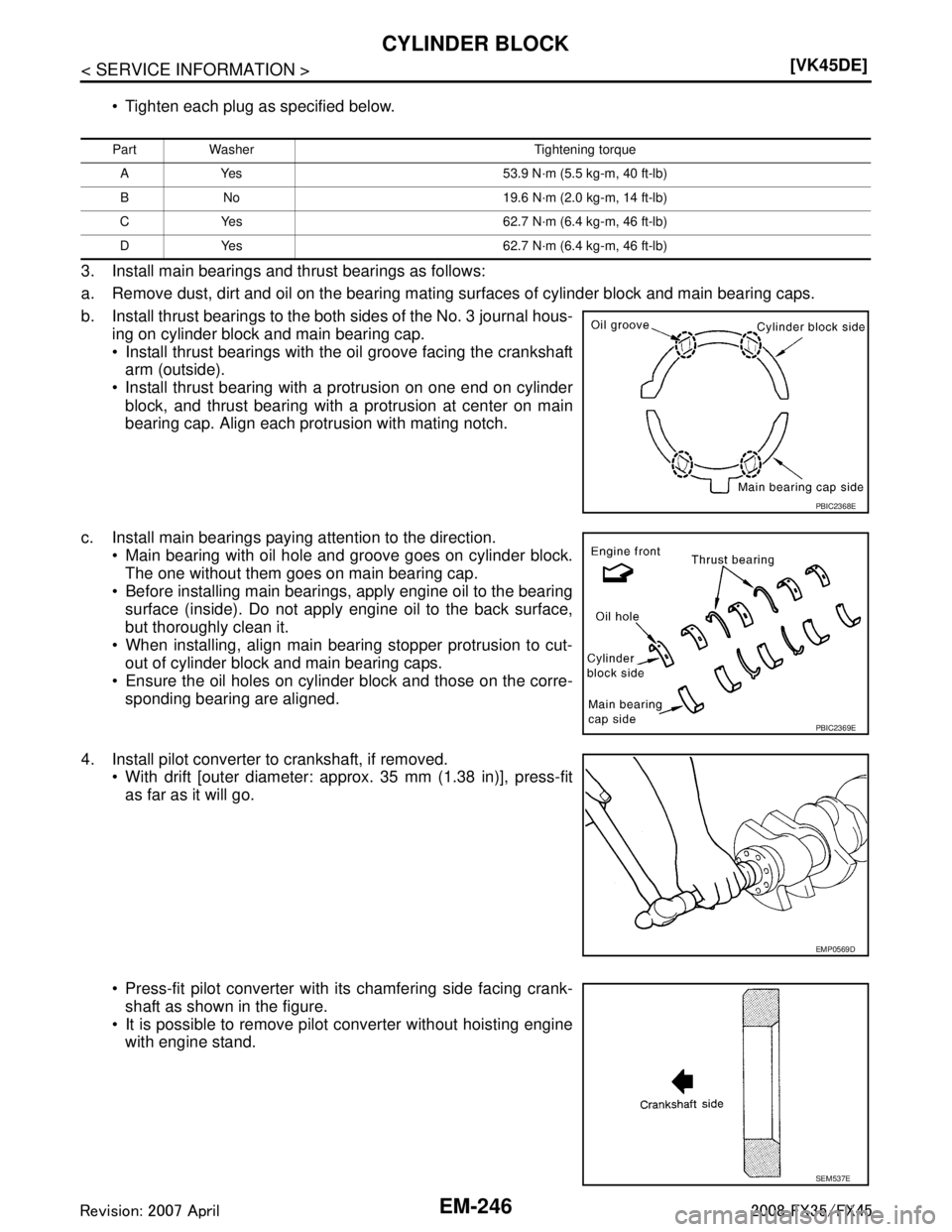 INFINITI FX35 2008  Service Manual 
EM-246
< SERVICE INFORMATION >[VK45DE]
CYLINDER BLOCK
 Tighten each plug as specified below.
3. Install main bearings and thrust bearings as follows:
a. Remove dust, dirt and oil on the bearing mati
