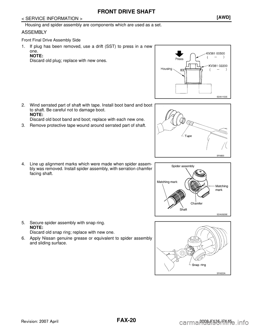 INFINITI FX35 2008  Service Manual 
FAX-20
< SERVICE INFORMATION >[AWD]
FRONT DRIVE SHAFT
Housing and spider assembly are components which are used as a set.
ASSEMBLY
Front Final Drive Assembly Side
1. If plug has been removed, use a d