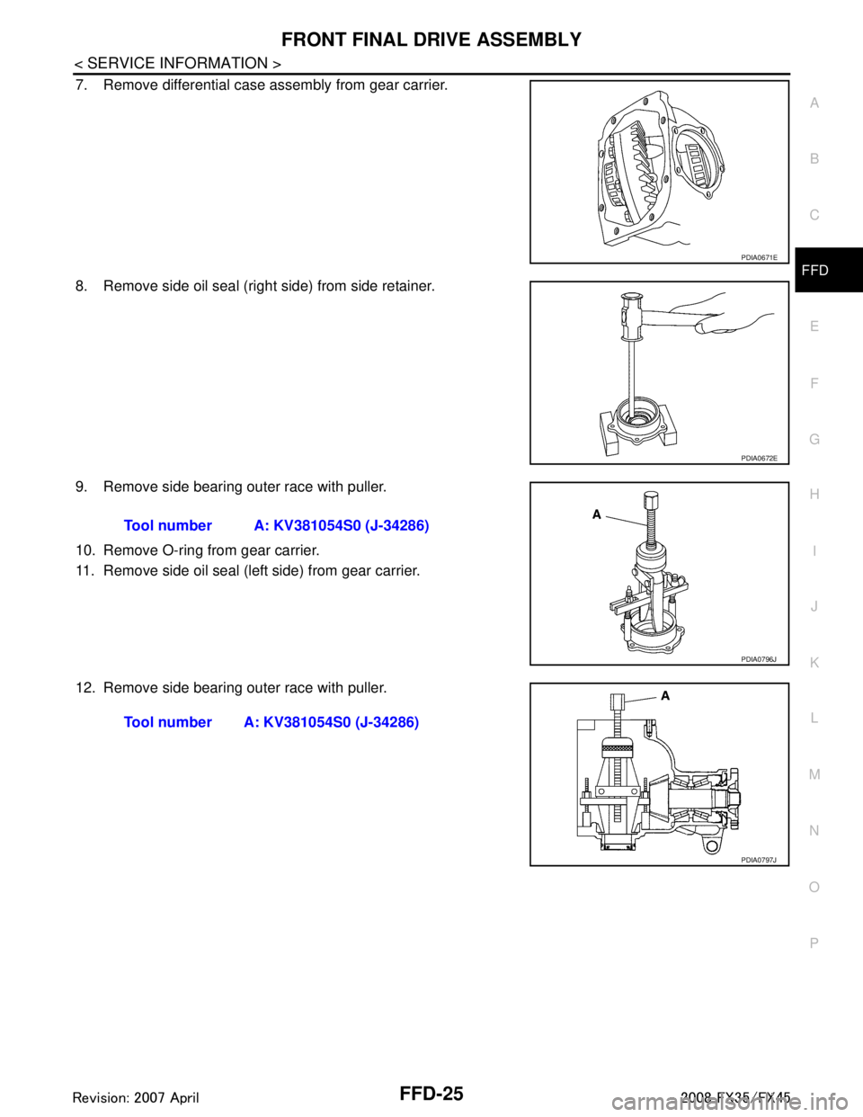 INFINITI FX35 2008  Service Manual 
FRONT FINAL DRIVE ASSEMBLYFFD-25
< SERVICE INFORMATION >
CEF
G H
I
J
K L
M A
B
FFD
N
O P
7. Remove differential case assembly from gear carrier.
8. Remove side oil seal (right side) from side retaine