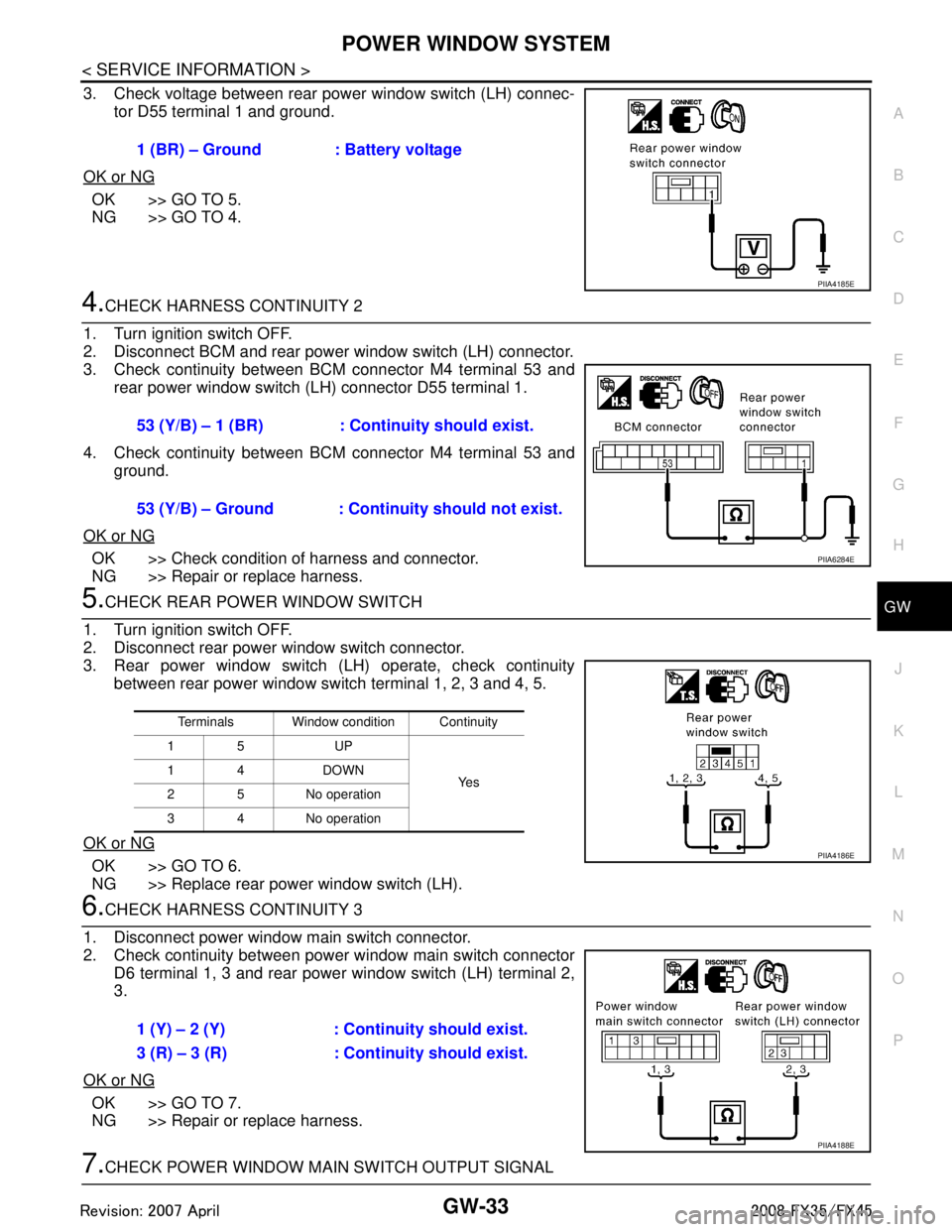 INFINITI FX35 2008 Service Manual
POWER WINDOW SYSTEMGW-33
< SERVICE INFORMATION >
C
DE
F
G H
J
K L
M A
B
GW
N
O P
3. Check voltage between rear power window switch (LH) connec- tor D55 terminal 1 and ground.
OK or NG
OK >> GO TO 5.
INFINITI FX35 2008 Service Manual
POWER WINDOW SYSTEMGW-33
< SERVICE INFORMATION >
C
DE
F
G H
J
K L
M A
B
GW
N
O P
3. Check voltage between rear power window switch (LH) connec- tor D55 terminal 1 and ground.
OK or NG
OK >> GO TO 5.