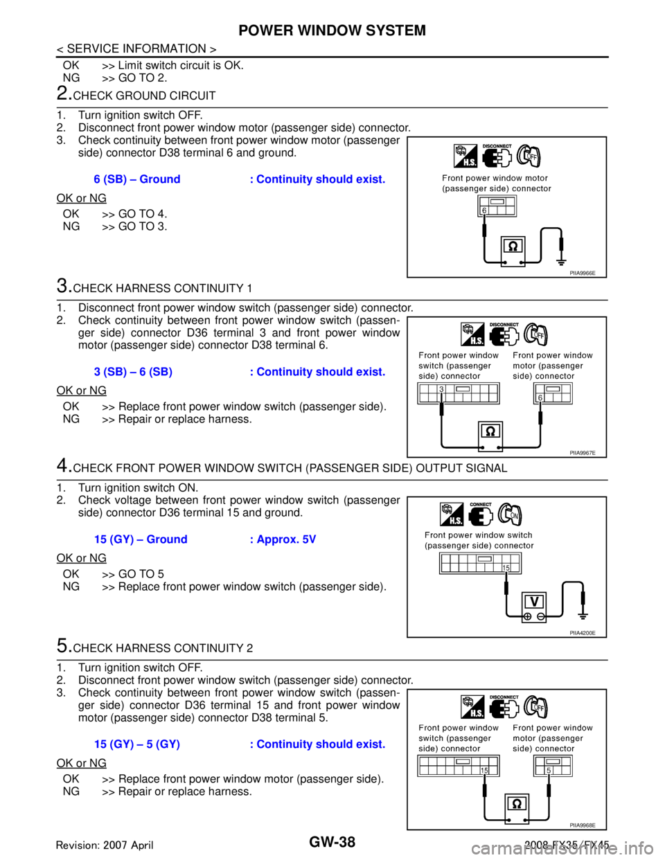 INFINITI FX35 2008 Service Manual
GW-38
< SERVICE INFORMATION >
POWER WINDOW SYSTEM
OK >> Limit switch circuit is OK.
NG >> GO TO 2.
2.CHECK GROUND CIRCUIT
1. Turn ignition switch OFF.
2. Disconnect front power window motor (passenge INFINITI FX35 2008 Service Manual
GW-38
< SERVICE INFORMATION >
POWER WINDOW SYSTEM
OK >> Limit switch circuit is OK.
NG >> GO TO 2.
2.CHECK GROUND CIRCUIT
1. Turn ignition switch OFF.
2. Disconnect front power window motor (passenge