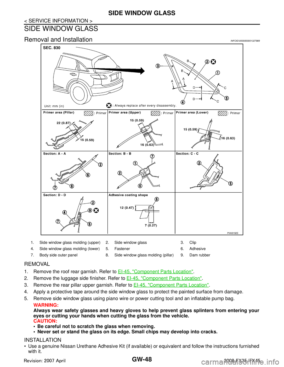 INFINITI FX35 2008  Service Manual 
GW-48
< SERVICE INFORMATION >
SIDE WINDOW GLASS
SIDE WINDOW GLASS
Removal and InstallationINFOID:0000000001327989
REMOVAL
1. Remove the roof rear garnish. Refer to EI-45, "Component Parts Location".
