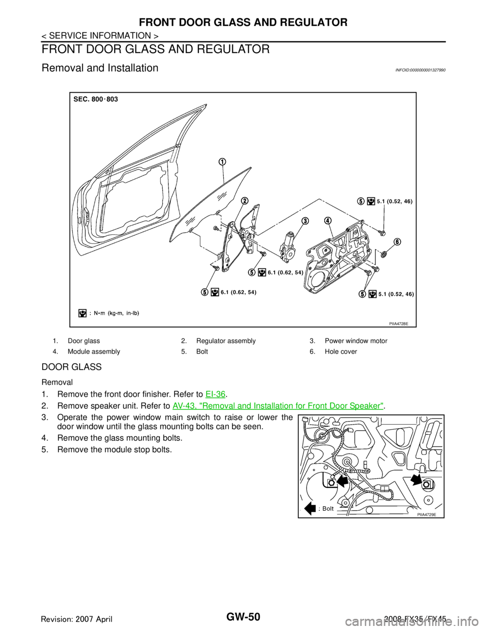 INFINITI FX35 2008  Service Manual 
GW-50
< SERVICE INFORMATION >
FRONT DOOR GLASS AND REGULATOR
FRONT DOOR GLASS AND REGULATOR
Removal and InstallationINFOID:0000000001327990
DOOR GLASS
Removal
1. Remove the front door finisher. Refer