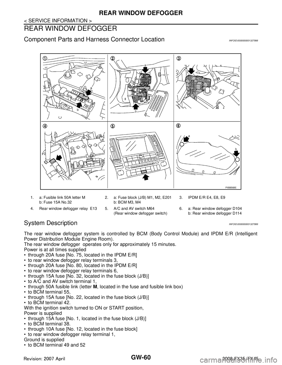 INFINITI FX35 2008 Service Manual
GW-60
< SERVICE INFORMATION >
REAR WINDOW DEFOGGER
REAR WINDOW DEFOGGER
Component Parts and Harness Connector LocationINFOID:0000000001327998
System DescriptionINFOID:0000000001327999
The rear window INFINITI FX35 2008 Service Manual
GW-60
< SERVICE INFORMATION >
REAR WINDOW DEFOGGER
REAR WINDOW DEFOGGER
Component Parts and Harness Connector LocationINFOID:0000000001327998
System DescriptionINFOID:0000000001327999
The rear window