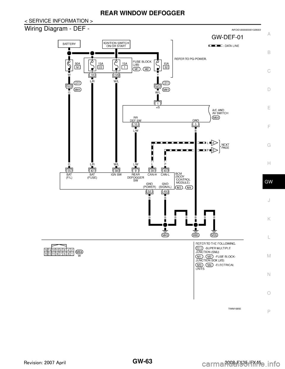 INFINITI FX35 2008  Service Manual 
REAR WINDOW DEFOGGERGW-63
< SERVICE INFORMATION >
C
DE
F
G H
J
K L
M A
B
GW
N
O P
Wiring Diagram - DEF -INFOID:0000000001328003
TIWM1685E
3AA93ABC3ACD3AC03ACA3AC03AC63AC53A913A773A893A873A873A8E3A773