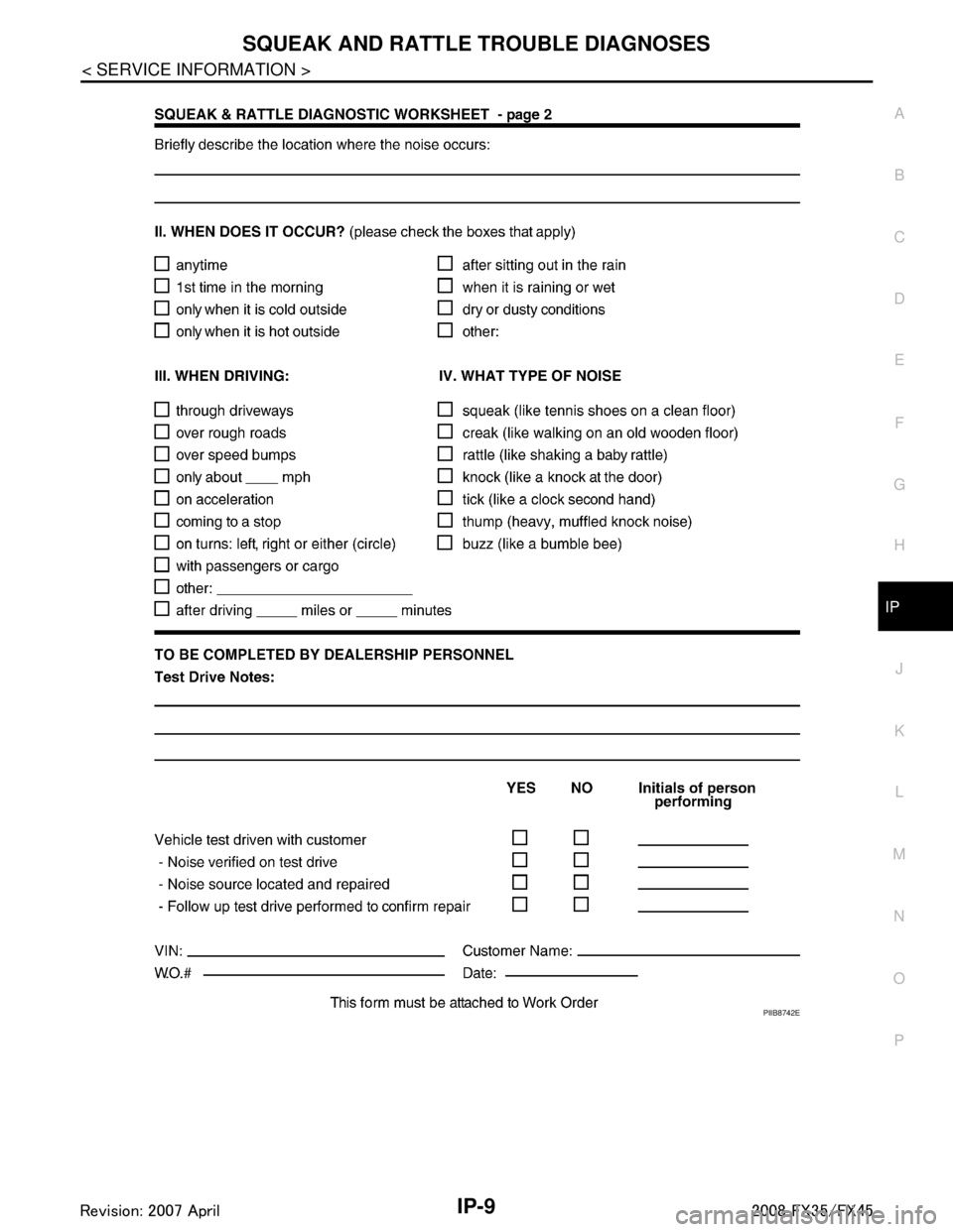 INFINITI FX35 2008  Service Manual 
SQUEAK AND RATTLE TROUBLE DIAGNOSESIP-9
< SERVICE INFORMATION >
C
DE
F
G H
J
K L
M A
B
IP
N
O P
PIIB8742E
3AA93ABC3ACD3AC03ACA3AC03AC63AC53A913A773A893A873A873A8E3A773A983AC73AC93AC03AC3 
3A893A873A8