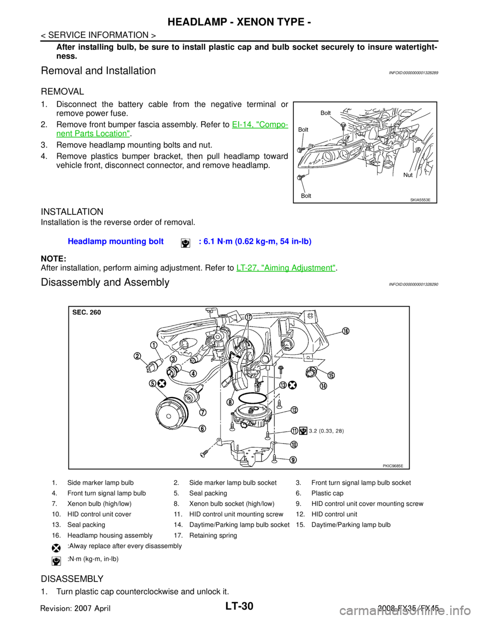 INFINITI FX35 2008  Service Manual 
LT-30
< SERVICE INFORMATION >
HEADLAMP - XENON TYPE -
After installing bulb, be sure to install plastic cap and bulb socket securely to insure watertight-
ness.
Removal and InstallationINFOID:0000000