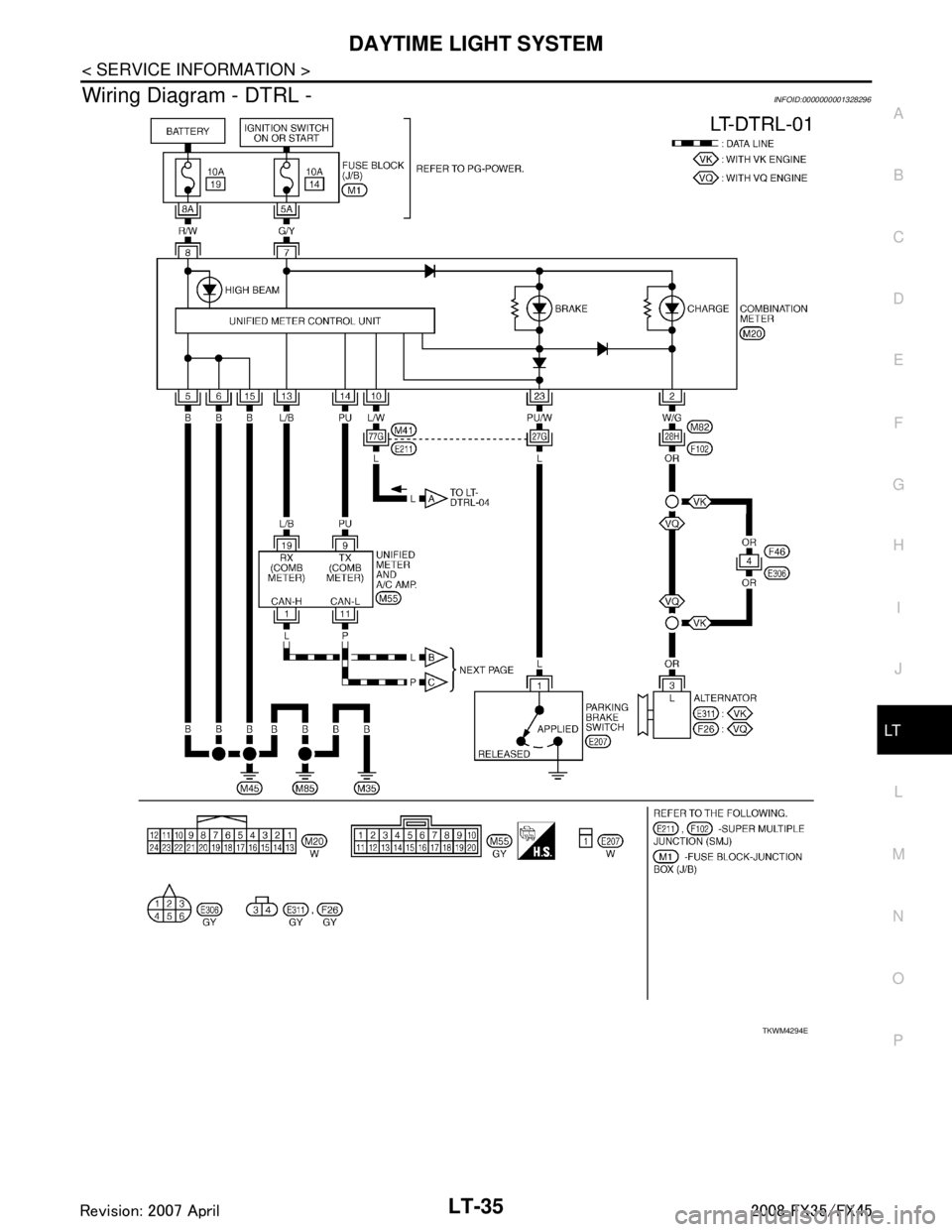 INFINITI FX35 2008  Service Manual 
DAYTIME LIGHT SYSTEMLT-35
< SERVICE INFORMATION >
C
DE
F
G H
I
J
L
M A
B
LT
N
O P
Wiring Diagram - DTRL -INFOID:0000000001328296
TKWM4294E
3AA93ABC3ACD3AC03ACA3AC03AC63AC53A913A773A893A873A873A8E3A77