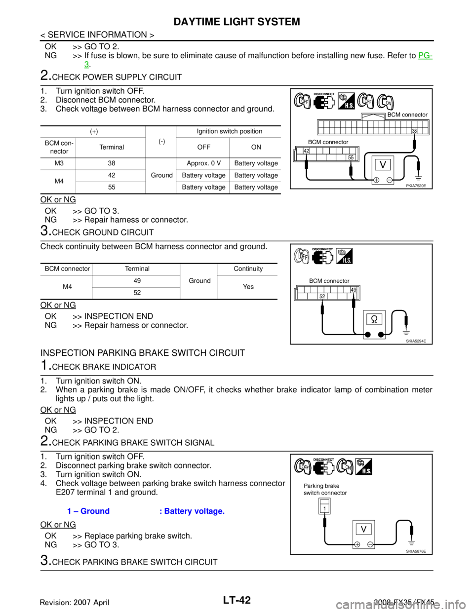 INFINITI FX35 2008  Service Manual 
LT-42
< SERVICE INFORMATION >
DAYTIME LIGHT SYSTEM
OK >> GO TO 2.
NG >> If fuse is blown, be sure to eliminate cause of malfunction before installing new fuse. Refer to PG-
3.
2.CHECK POWER SUPPLY CI