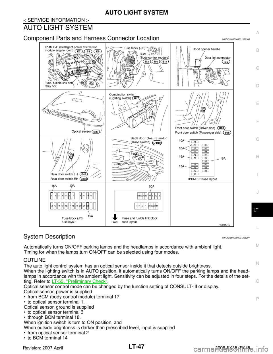 INFINITI FX35 2008  Service Manual 
AUTO LIGHT SYSTEMLT-47
< SERVICE INFORMATION >
C
DE
F
G H
I
J
L
M A
B
LT
N
O P
AUTO LIGHT SYSTEM
Component Parts and Har ness Connector LocationINFOID:0000000001328306
System DescriptionINFOID:000000