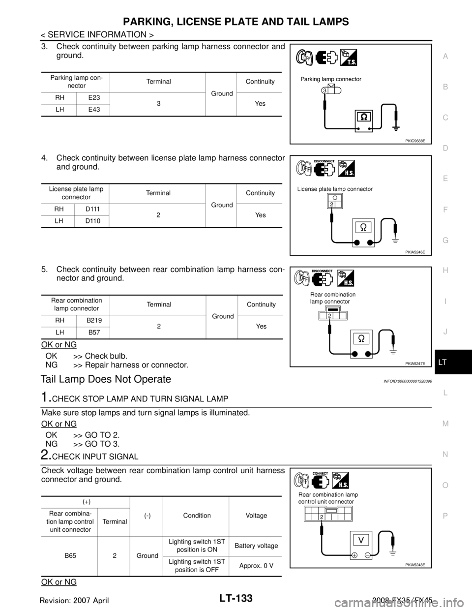 INFINITI FX35 2008 Service Manual
PARKING, LICENSE PLATE AND TAIL LAMPS
LT-133
< SERVICE INFORMATION >
C
D E
F
G H
I
J
L
M A
B
LT
N
O P
3. Check continuity between parking lamp harness connector and ground.
4. Check continuity betwee INFINITI FX35 2008 Service Manual
PARKING, LICENSE PLATE AND TAIL LAMPS
LT-133
< SERVICE INFORMATION >
C
D E
F
G H
I
J
L
M A
B
LT
N
O P
3. Check continuity between parking lamp harness connector and ground.
4. Check continuity betwee