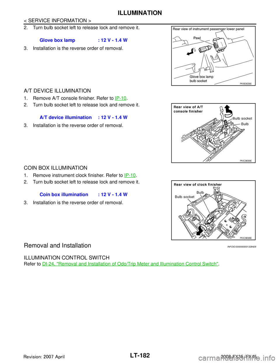 INFINITI FX35 2008  Service Manual 
LT-182
< SERVICE INFORMATION >
ILLUMINATION
2. Turn bulb socket left to release lock and remove it.
3. Installation is the reverse order of removal.
A/T DEVICE ILLUMINATION
1. Remove A/T console fini