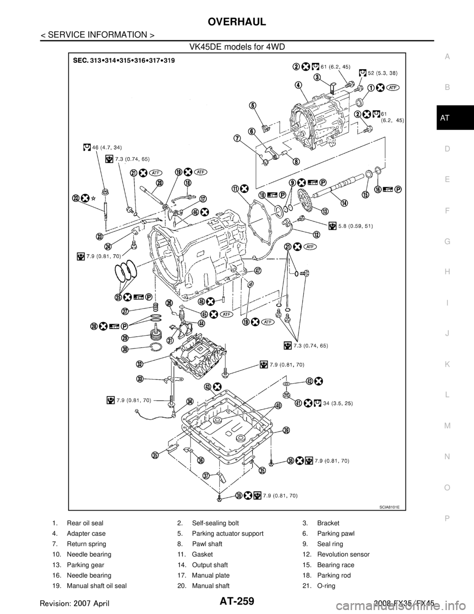INFINITI FX35 2008  Service Manual 
OVERHAULAT-259
< SERVICE INFORMATION >
DE
F
G H
I
J
K L
M A
B
AT
N
O P
VK45DE models for 4WD
SCIA8101E
1. Rear oil seal 2. Self-sealing bolt 3. Bracket
4. Adapter case 5. Parking actuator support 6. 