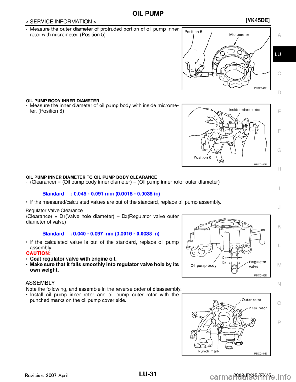 INFINITI FX35 2008  Service Manual 
OIL PUMPLU-31
< SERVICE INFORMATION > [VK45DE]
C
D
E
F
G H
I
J
K L
M A
LU
NP
O
- Measure the outer diameter of 
protruded portion of oil pump inner
rotor with micrometer. (Position 5)
OIL PUMP BODY I