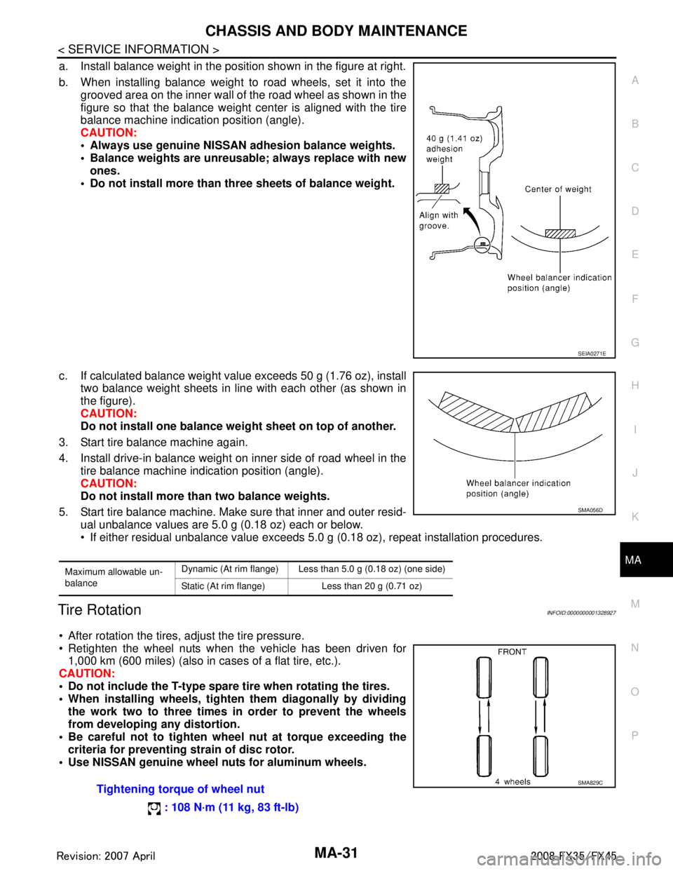 INFINITI FX35 2008  Service Manual 
CHASSIS AND BODY MAINTENANCEMA-31
< SERVICE INFORMATION >
C
DE
F
G H
I
J
K
M A
B
MA
N
O P
a. Install balance weight in the position shown in the figure at right.
b. When installing balance weight to 