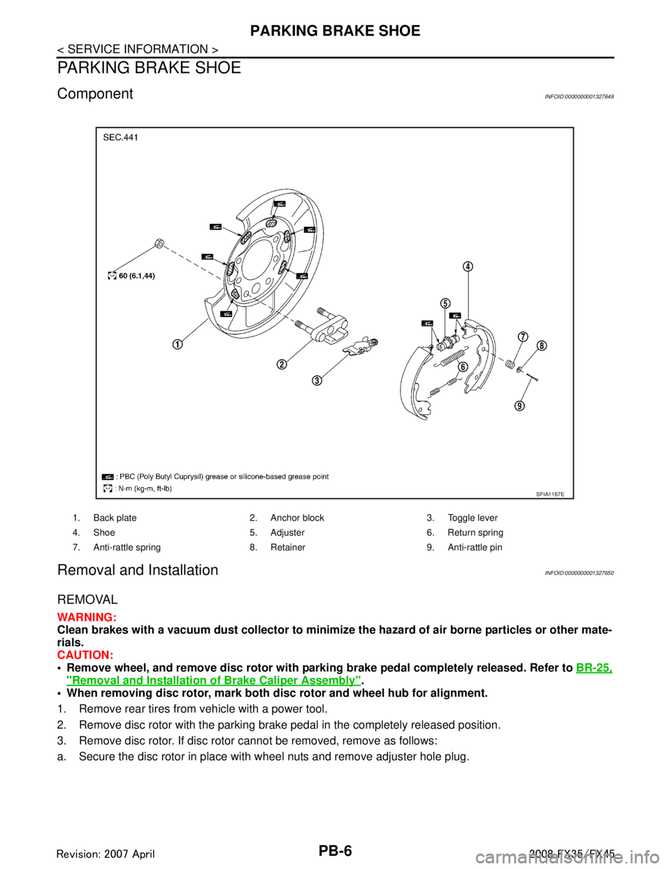 INFINITI FX35 2008 Service Manual
PB-6
< SERVICE INFORMATION >
PARKING BRAKE SHOE
PARKING BRAKE SHOE
ComponentINFOID:0000000001327649
Removal and InstallationINFOID:0000000001327650
REMOVAL
WARNING:
Clean brakes with a vacuum dust co INFINITI FX35 2008 Service Manual
PB-6
< SERVICE INFORMATION >
PARKING BRAKE SHOE
PARKING BRAKE SHOE
ComponentINFOID:0000000001327649
Removal and InstallationINFOID:0000000001327650
REMOVAL
WARNING:
Clean brakes with a vacuum dust co