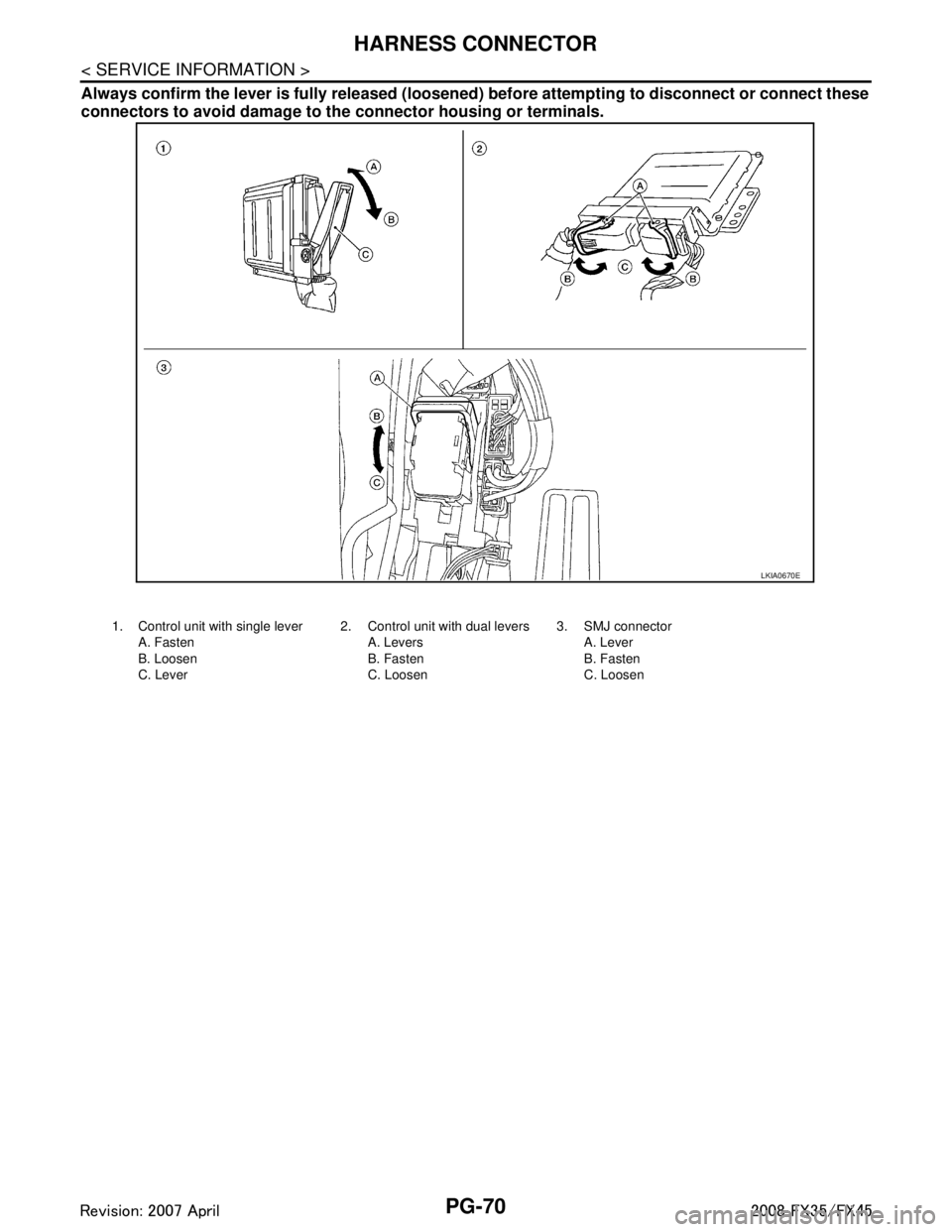 INFINITI FX35 2008  Service Manual 
PG-70
< SERVICE INFORMATION >
HARNESS CONNECTOR
Always confirm the lever is fully released (loosened) before attempti ng to disconnect or connect these
connectors to avoid damage to th e connector ho