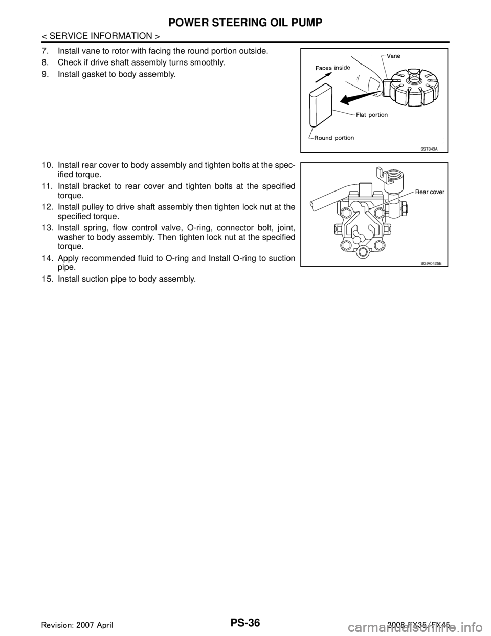 INFINITI FX35 2008  Service Manual 
PS-36
< SERVICE INFORMATION >
POWER STEERING OIL PUMP
7. Install vane to rotor with facing the round portion outside.
8. Check if drive shaft assembly turns smoothly.
9. Install gasket to body assemb