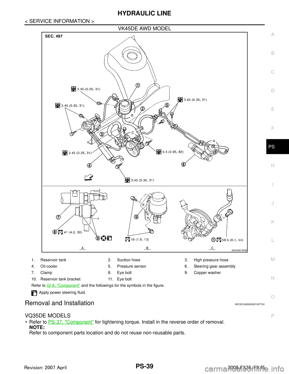 INFINITI FX35 2008  Service Manual 
HYDRAULIC LINEPS-39
< SERVICE INFORMATION >
C
DE
F
H I
J
K L
M A
B
PS
N
O P
VK45DE AWD MODEL
Removal and InstallationINFOID:0000000001327724
VQ35DE MODELS
 Refer to  PS-37, "Component" for tightenin