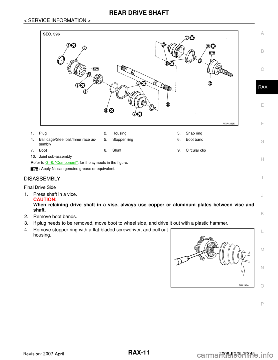 INFINITI FX35 2008  Service Manual 
REAR DRIVE SHAFTRAX-11
< SERVICE INFORMATION >
CEF
G H
I
J
K L
M A
B
RAX
N
O P
DISASSEMBLY
Final Drive Side
1. Press shaft in a vice. CAUTION:
When retaining drive shaft in a vise, always u se copper