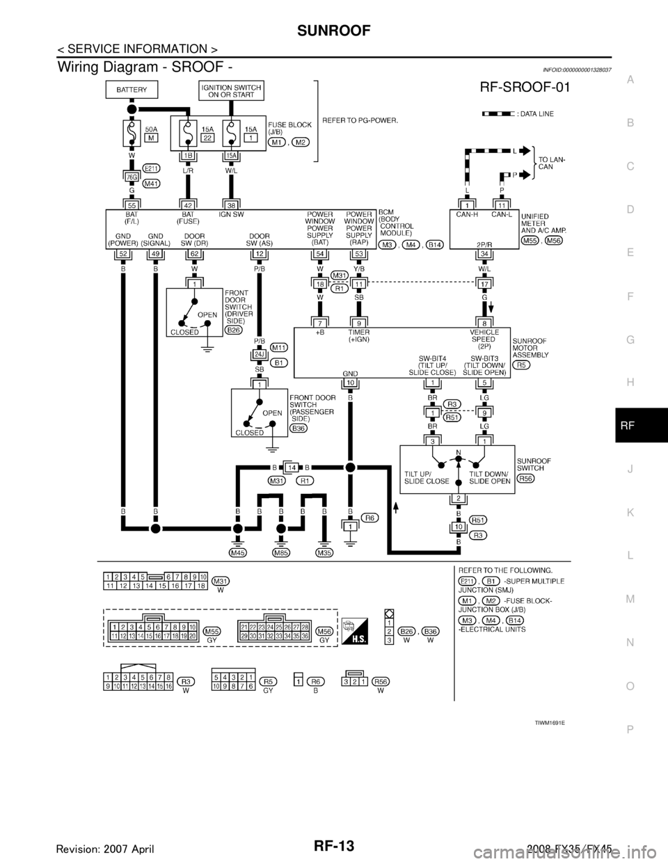 INFINITI FX35 2008  Service Manual 
SUNROOFRF-13
< SERVICE INFORMATION >
C
DE
F
G H
J
K L
M A
B
RF
N
O P
Wiring Diagram - SROOF -INFOID:0000000001328037
TIWM1691E
3AA93ABC3ACD3AC03ACA3AC03AC63AC53A913A773A893A873A873A8E3A773A983AC73AC9