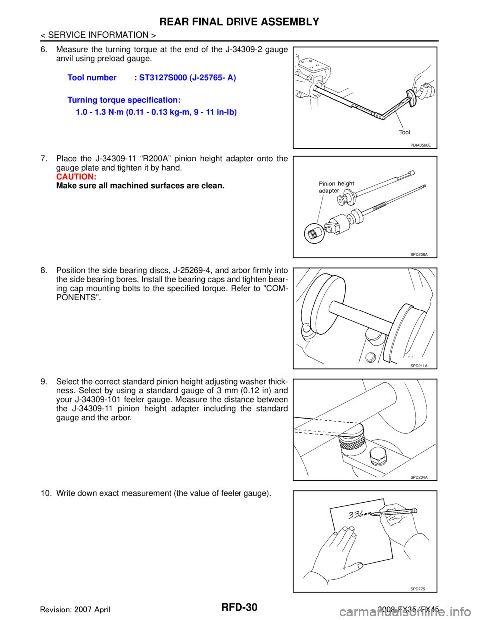 INFINITI FX35 2008  Service Manual 
RFD-30
< SERVICE INFORMATION >
REAR FINAL DRIVE ASSEMBLY
6. Measure the turning torque at the end of the J-34309-2 gaugeanvil using preload gauge.
7. Place the J-34309-11 “R200A” pinion height ad