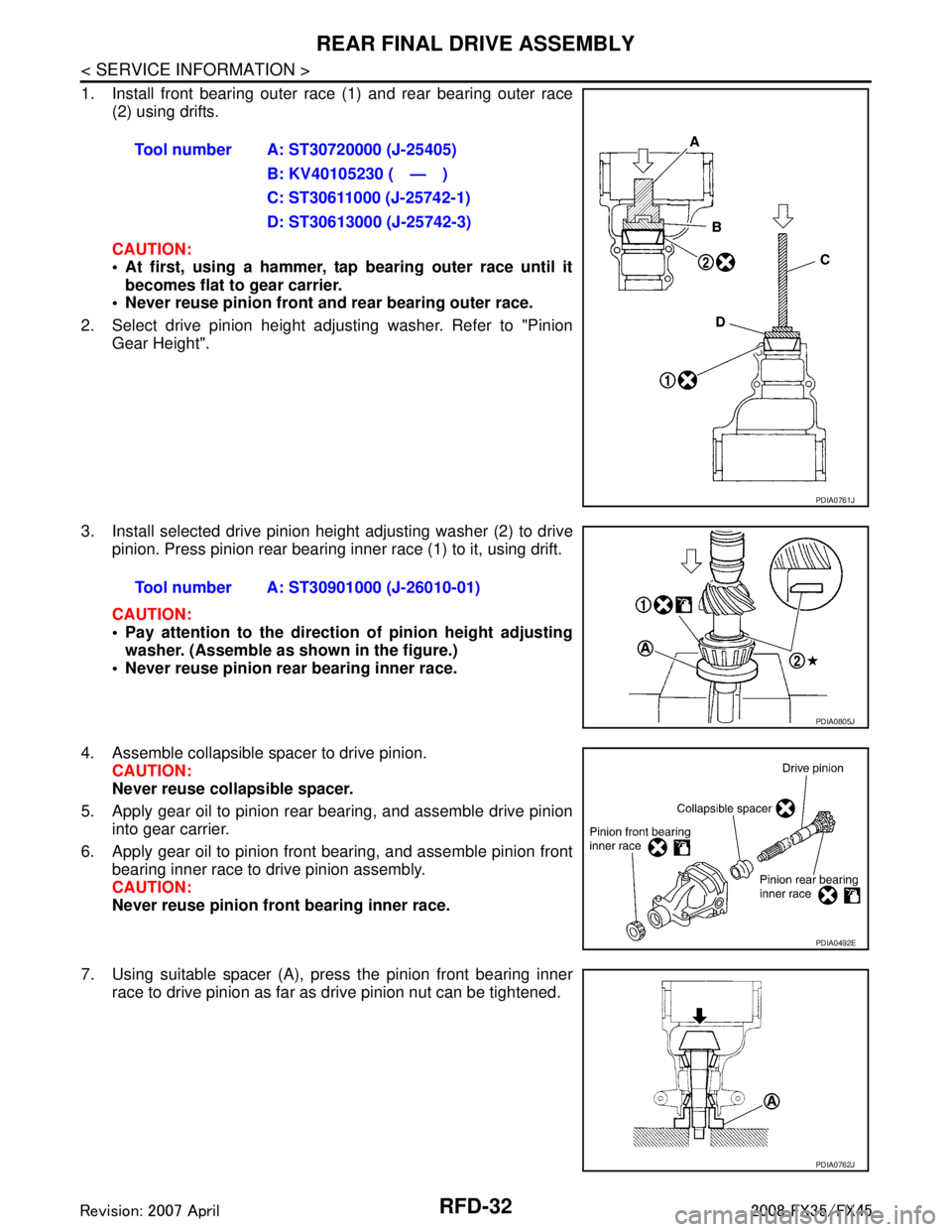 INFINITI FX35 2008 Service Manual
RFD-32
< SERVICE INFORMATION >
REAR FINAL DRIVE ASSEMBLY
1. Install front bearing outer race (1) and rear bearing outer race(2) using drifts.
CAUTION:
At first, using a hammer, tap bearing outer ra INFINITI FX35 2008 Service Manual
RFD-32
< SERVICE INFORMATION >
REAR FINAL DRIVE ASSEMBLY
1. Install front bearing outer race (1) and rear bearing outer race(2) using drifts.
CAUTION:
At first, using a hammer, tap bearing outer ra