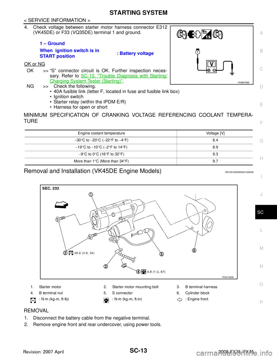 INFINITI FX35 2008  Service Manual 
STARTING SYSTEMSC-13
< SERVICE INFORMATION >
C
DE
F
G H
I
J
L
M A
B
SC
N
O P
4. Check voltage between starter motor harness connector E312 (VK45DE) or F33 (VQ35DE) terminal 1 and ground.
OK or NG
OK 