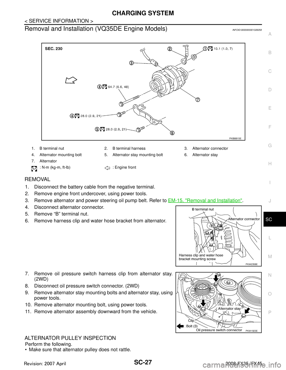 INFINITI FX35 2008  Service Manual 
CHARGING SYSTEMSC-27
< SERVICE INFORMATION >
C
DE
F
G H
I
J
L
M A
B
SC
N
O P
Removal and Installation (VQ35DE Engine Models)INFOID:0000000001328258
REMOVAL
1. Disconnect the battery cabl e from the n