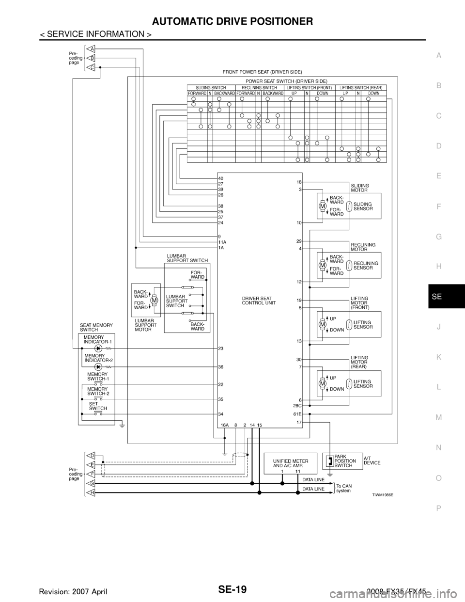 INFINITI FX35 2008  Service Manual 
AUTOMATIC DRIVE POSITIONERSE-19
< SERVICE INFORMATION >
C
DE
F
G H
J
K L
M A
B
SE
N
O P
TIWM1986E
3AA93ABC3ACD3AC03ACA3AC03AC63AC53A913A773A893A873A873A8E3A773A983AC73AC93AC03AC3 
3A893A873A873A8F3A7