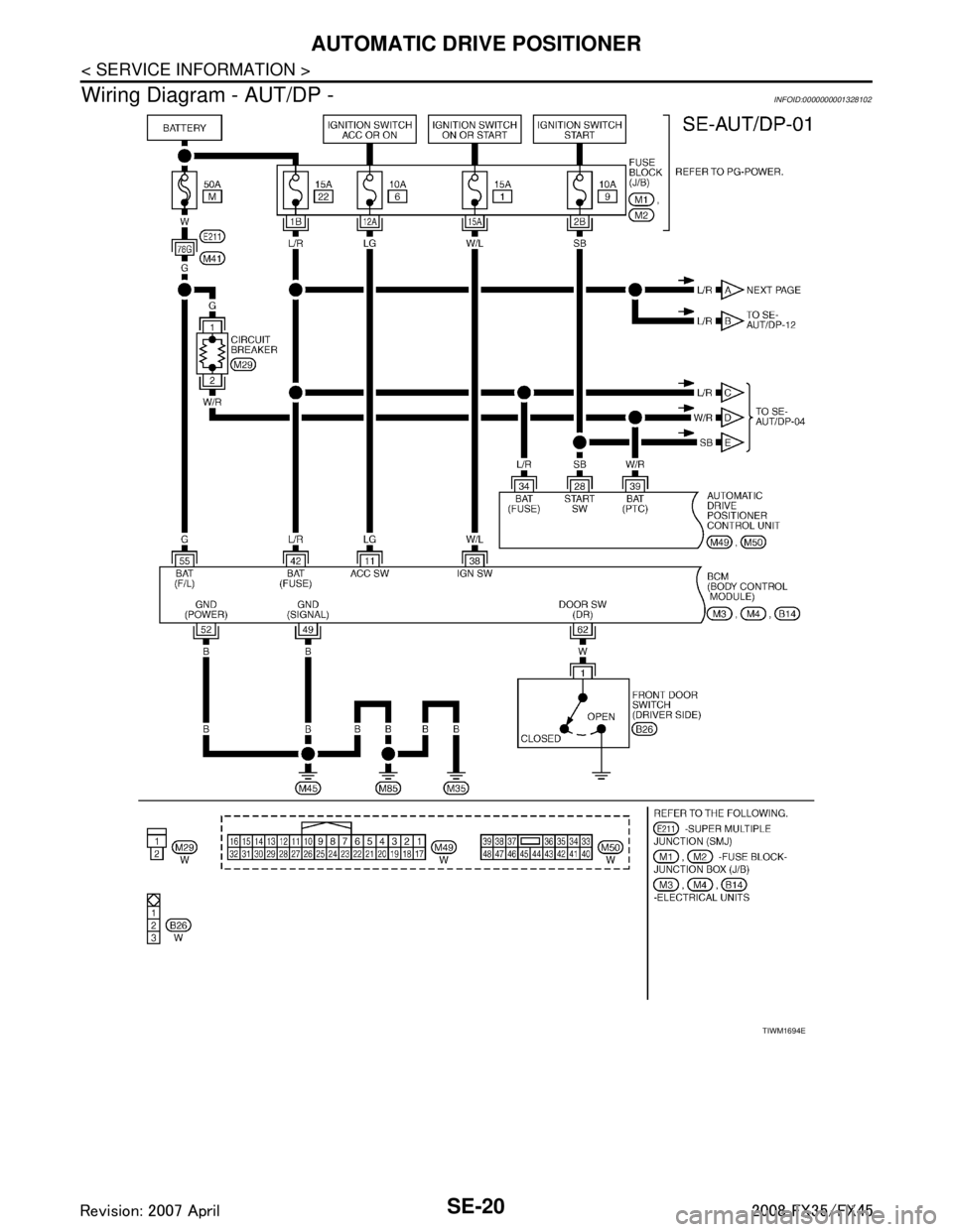 INFINITI FX35 2008  Service Manual 
SE-20
< SERVICE INFORMATION >
AUTOMATIC DRIVE POSITIONER
Wiring Diagram - AUT/DP -
INFOID:0000000001328102
TIWM1694E
3AA93ABC3ACD3AC03ACA3AC03AC63AC53A913A773A893A873A873A8E3A773A983AC73AC93AC03AC3 
