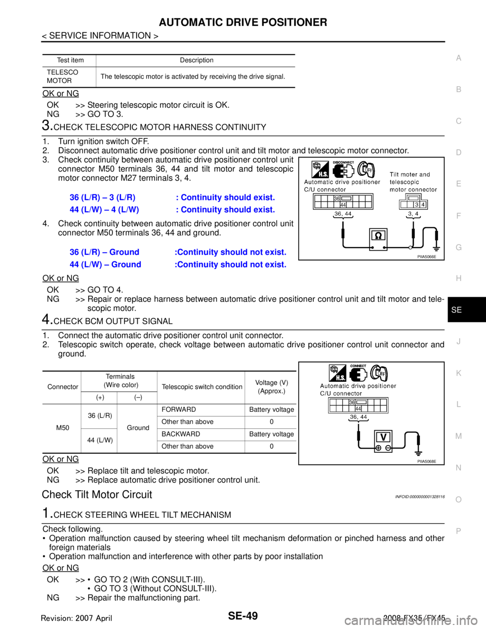 INFINITI FX35 2008 Service Manual
AUTOMATIC DRIVE POSITIONERSE-49
< SERVICE INFORMATION >
C
DE
F
G H
J
K L
M A
B
SE
N
O P
OK or NG
OK >> Steering telescopic motor circuit is OK.
NG >> GO TO 3.
3.CHECK TELESCOPIC MOTO R HARNESS CONTIN INFINITI FX35 2008 Service Manual
AUTOMATIC DRIVE POSITIONERSE-49
< SERVICE INFORMATION >
C
DE
F
G H
J
K L
M A
B
SE
N
O P
OK or NG
OK >> Steering telescopic motor circuit is OK.
NG >> GO TO 3.
3.CHECK TELESCOPIC MOTO R HARNESS CONTIN