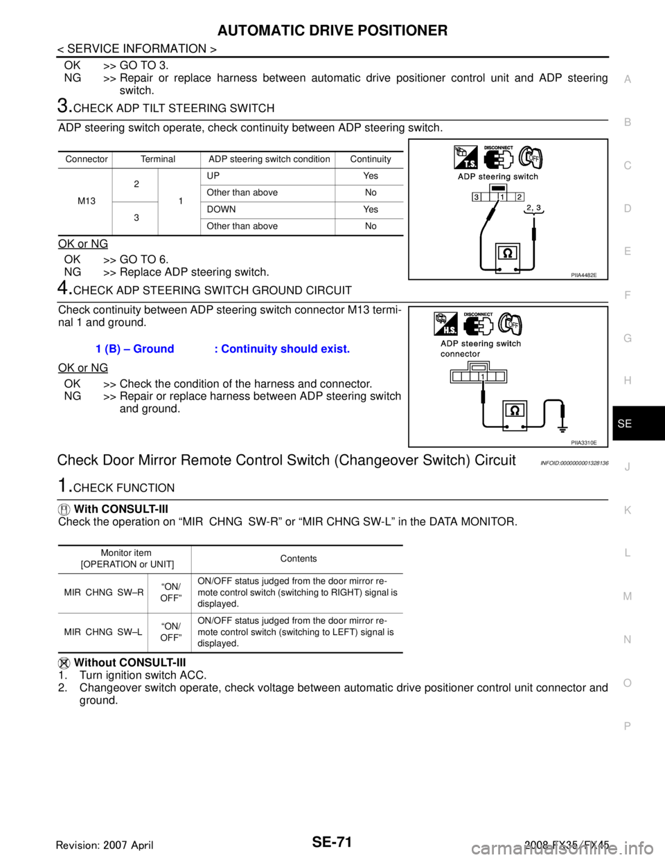 INFINITI FX35 2008 Service Manual
AUTOMATIC DRIVE POSITIONERSE-71
< SERVICE INFORMATION >
C
DE
F
G H
J
K L
M A
B
SE
N
O P
OK >> GO TO 3.
NG >> Repair or replace harness between automatic drive positioner control unit and ADP steerin INFINITI FX35 2008 Service Manual
AUTOMATIC DRIVE POSITIONERSE-71
< SERVICE INFORMATION >
C
DE
F
G H
J
K L
M A
B
SE
N
O P
OK >> GO TO 3.
NG >> Repair or replace harness between automatic drive positioner control unit and ADP steerin