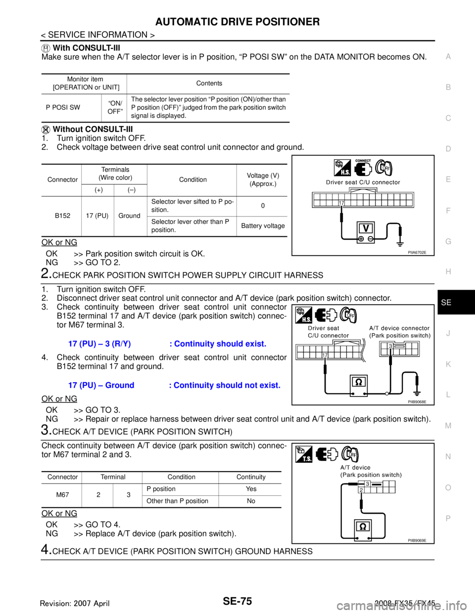 INFINITI FX35 2008 Service Manual
AUTOMATIC DRIVE POSITIONERSE-75
< SERVICE INFORMATION >
C
DE
F
G H
J
K L
M A
B
SE
N
O P
With CONSULT-III
Make sure when the A/T selector lever is in P posit ion, “P POSI SW” on the DATA MONITOR INFINITI FX35 2008 Service Manual
AUTOMATIC DRIVE POSITIONERSE-75
< SERVICE INFORMATION >
C
DE
F
G H
J
K L
M A
B
SE
N
O P
With CONSULT-III
Make sure when the A/T selector lever is in P posit ion, “P POSI SW” on the DATA MONITOR