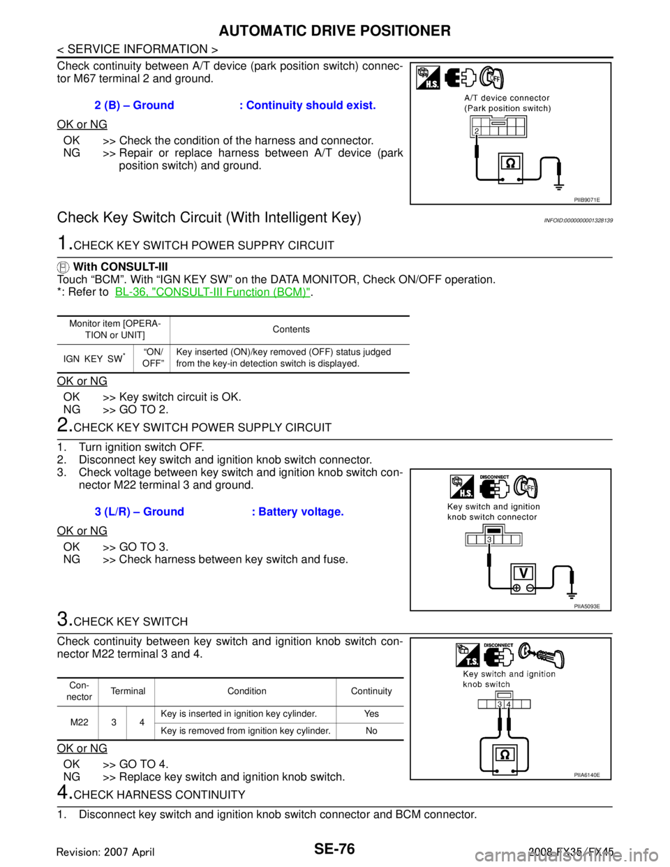 INFINITI FX35 2008 Service Manual
SE-76
< SERVICE INFORMATION >
AUTOMATIC DRIVE POSITIONER
Check continuity between A/T device (park position switch) connec-
tor M67 terminal 2 and ground.
OK or NG
OK >> Check the condition of the ha INFINITI FX35 2008 Service Manual
SE-76
< SERVICE INFORMATION >
AUTOMATIC DRIVE POSITIONER
Check continuity between A/T device (park position switch) connec-
tor M67 terminal 2 and ground.
OK or NG
OK >> Check the condition of the ha