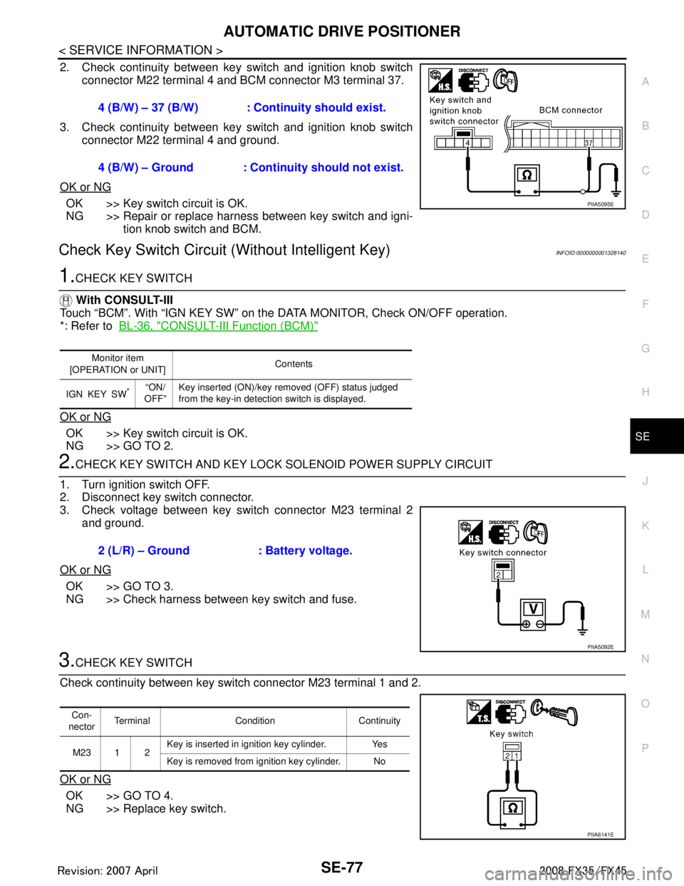 INFINITI FX35 2008 Service Manual
AUTOMATIC DRIVE POSITIONERSE-77
< SERVICE INFORMATION >
C
DE
F
G H
J
K L
M A
B
SE
N
O P
2. Check continuity between key switch and ignition knob switch connector M22 terminal 4 and BCM connector M3 t INFINITI FX35 2008 Service Manual
AUTOMATIC DRIVE POSITIONERSE-77
< SERVICE INFORMATION >
C
DE
F
G H
J
K L
M A
B
SE
N
O P
2. Check continuity between key switch and ignition knob switch connector M22 terminal 4 and BCM connector M3 t