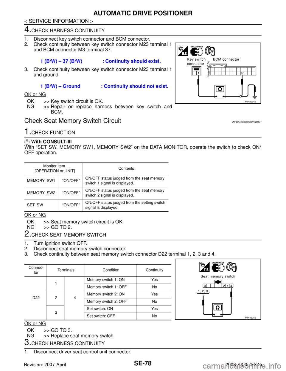 INFINITI FX35 2008 Service Manual
SE-78
< SERVICE INFORMATION >
AUTOMATIC DRIVE POSITIONER
4.CHECK HARNESS CONTINUITY
1. Disconnect key switch connector and BCM connector.
2. Check continuity between key switch connector M23 terminal INFINITI FX35 2008 Service Manual
SE-78
< SERVICE INFORMATION >
AUTOMATIC DRIVE POSITIONER
4.CHECK HARNESS CONTINUITY
1. Disconnect key switch connector and BCM connector.
2. Check continuity between key switch connector M23 terminal