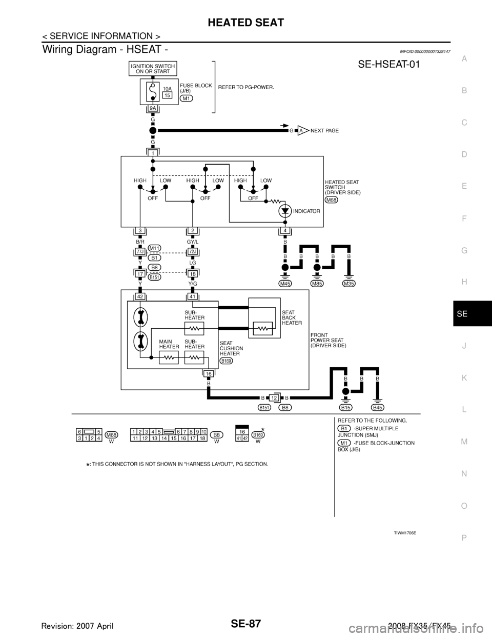 INFINITI FX35 2008  Service Manual 
HEATED SEATSE-87
< SERVICE INFORMATION >
C
DE
F
G H
J
K L
M A
B
SE
N
O P
Wiring Diagram - HSEAT -INFOID:0000000001328147
TIWM1706E
3AA93ABC3ACD3AC03ACA3AC03AC63AC53A913A773A893A873A873A8E3A773A983AC7