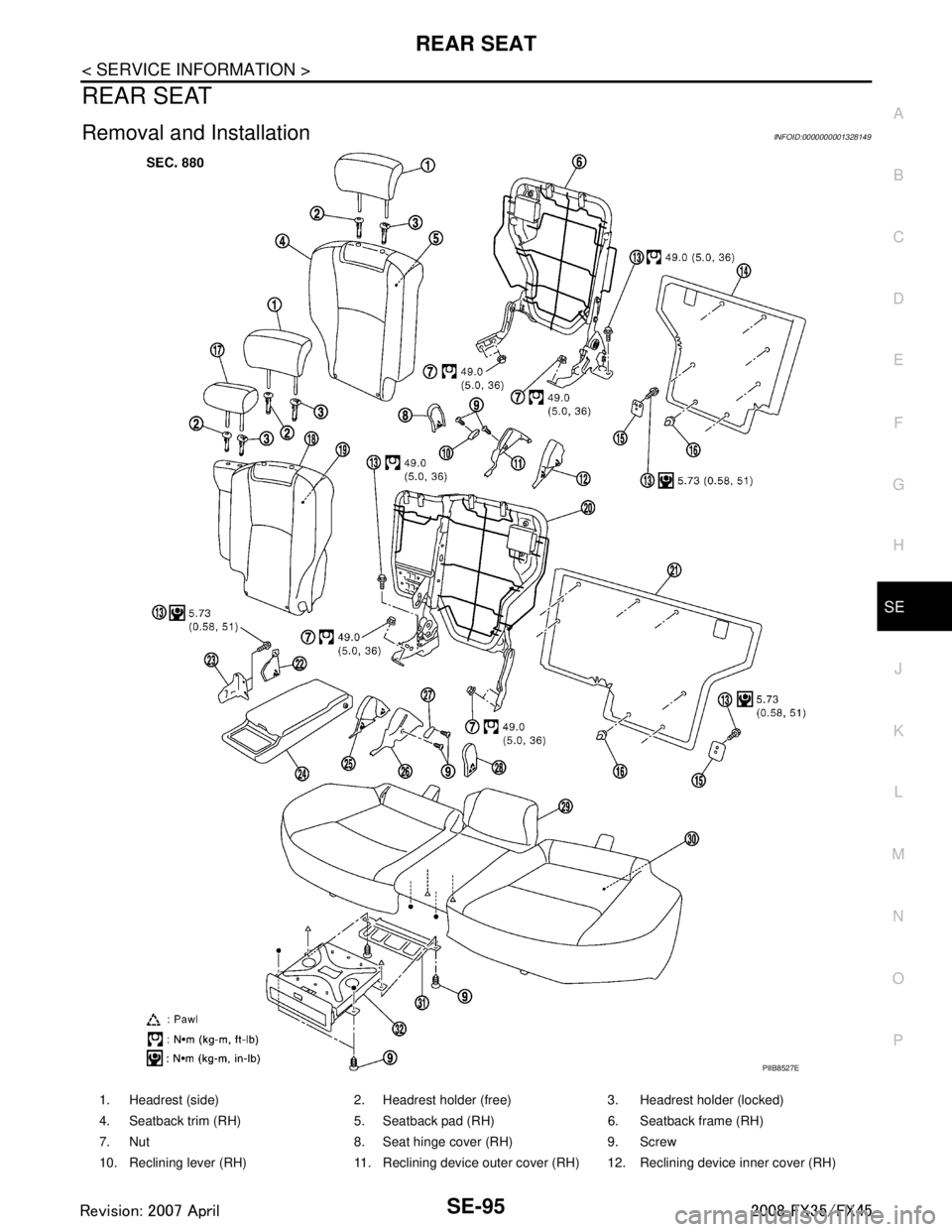 INFINITI FX35 2008  Service Manual 
REAR SEATSE-95
< SERVICE INFORMATION >
C
DE
F
G H
J
K L
M A
B
SE
N
O P
REAR SEAT
Removal and InstallationINFOID:0000000001328149
PIIB8527E
1. Headrest (side) 2. Headrest holder (free) 3. Headrest hol