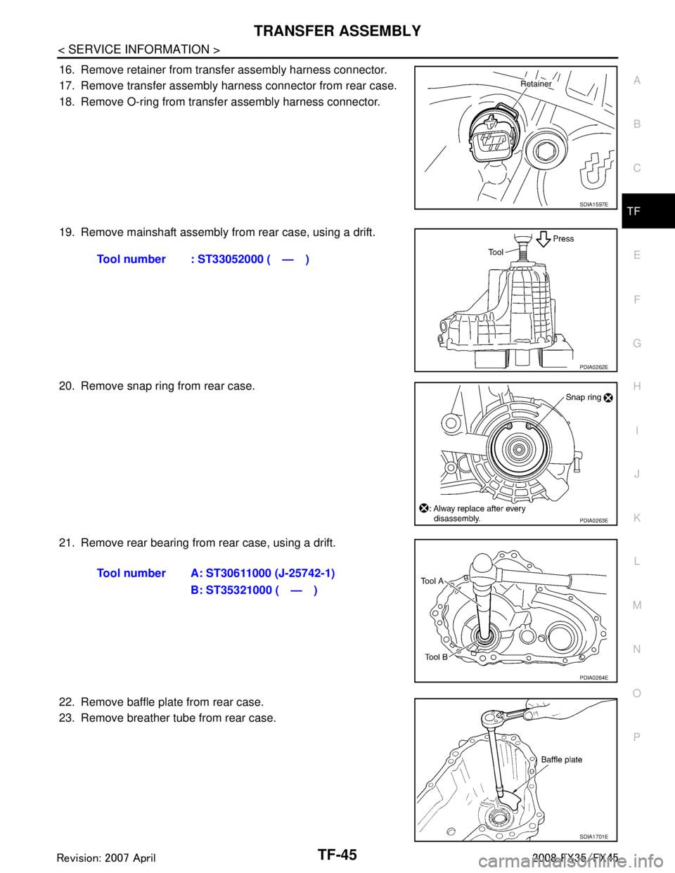 INFINITI FX35 2008  Service Manual 
TRANSFER ASSEMBLYTF-45
< SERVICE INFORMATION >
CEF
G H
I
J
K L
M A
B
TF
N
O P
16. Remove retainer from transfer assembly harness connector.
17. Remove transfer assembly harness connector from rear ca