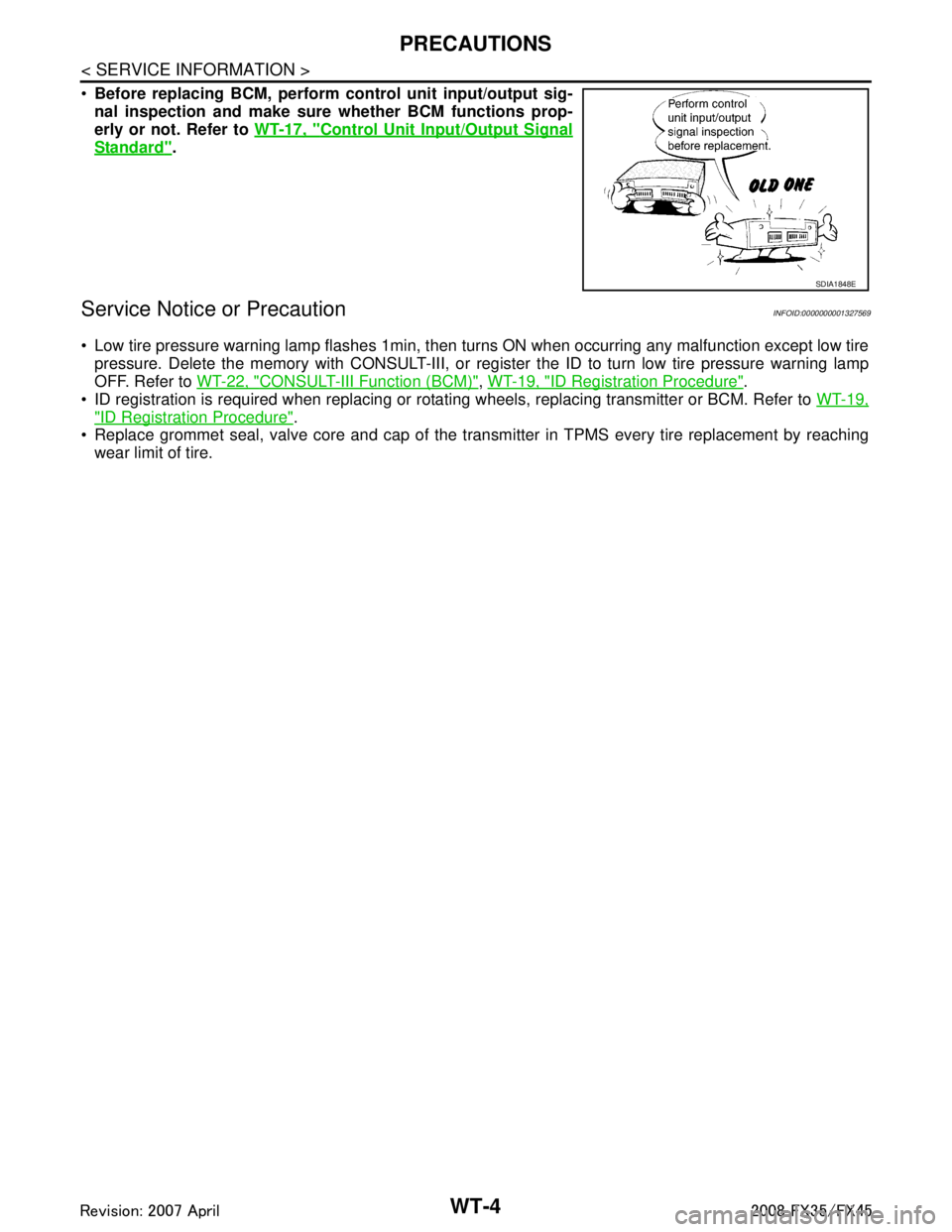 INFINITI FX35 2008  Service Manual 
WT-4
< SERVICE INFORMATION >
PRECAUTIONS
Before replacing BCM, perform c ontrol unit input/output sig-
nal inspection and make sure whether BCM functions prop-
erly or not. Refer to  WT-17, "
Contro