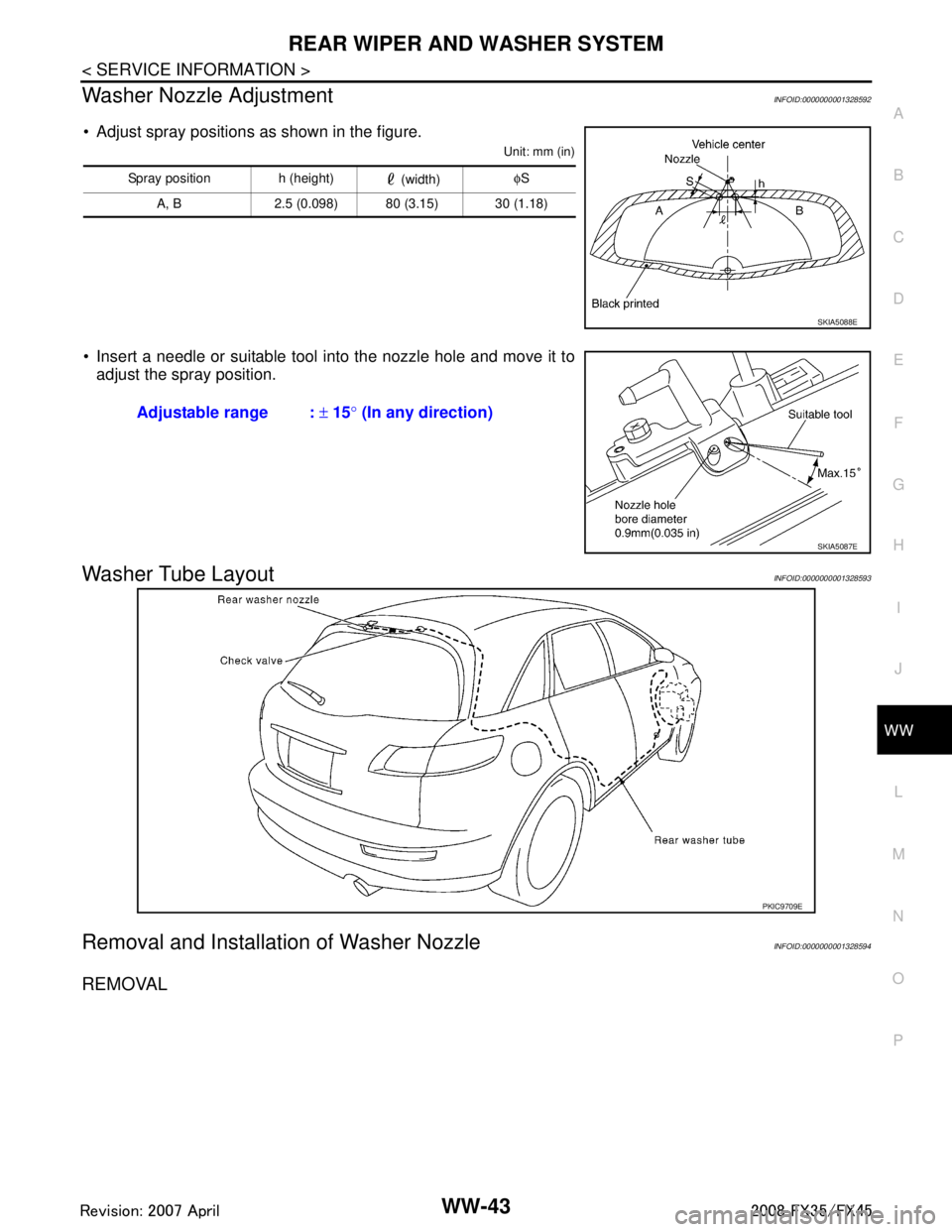 INFINITI FX35 2008  Service Manual 
REAR WIPER AND WASHER SYSTEMWW-43
< SERVICE INFORMATION >
C
DE
F
G H
I
J
L
M A
B
WW
N
O P
Washer Nozzle AdjustmentINFOID:0000000001328592
 Adjust spray positions as shown in the figure.
Unit: mm (in
