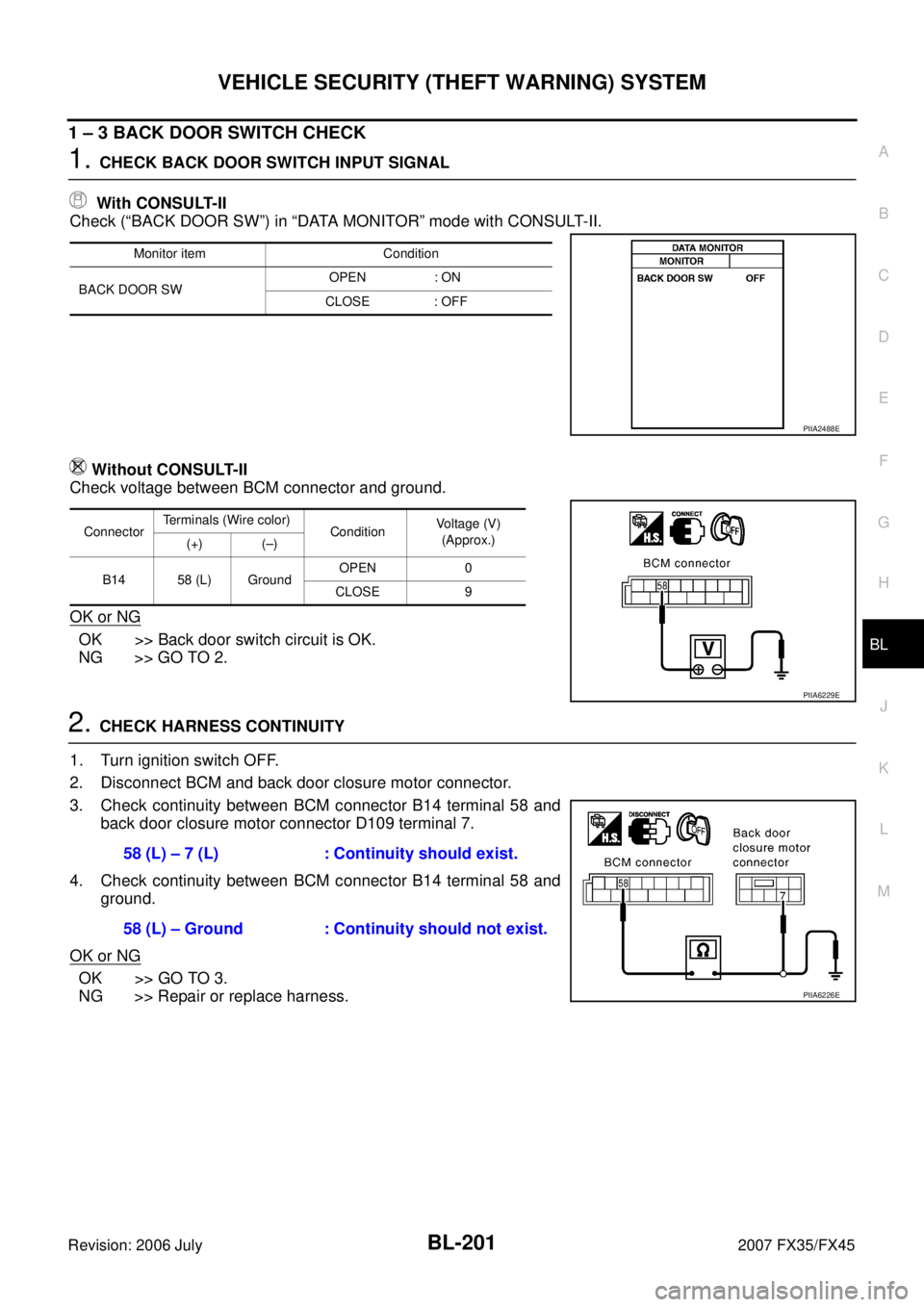INFINITI FX35 2007 Service Manual VEHICLE SECURITY (THEFT WARNING) SYSTEM BL-201
C
D E
F
G H
J
K L
M A
B
BL
Revision: 2006 July 2007 FX35/FX45
1 – 3 BACK DOOR SWITCH CHECK
1. CHECK BACK DOOR SWITCH INPUT SIGNAL
With INFINITI FX35 2007 Service Manual VEHICLE SECURITY (THEFT WARNING) SYSTEM BL-201
C
D E
F
G H
J
K L
M A
B
BL
Revision: 2006 July 2007 FX35/FX45
1 – 3 BACK DOOR SWITCH CHECK
1. CHECK BACK DOOR SWITCH INPUT SIGNAL
With